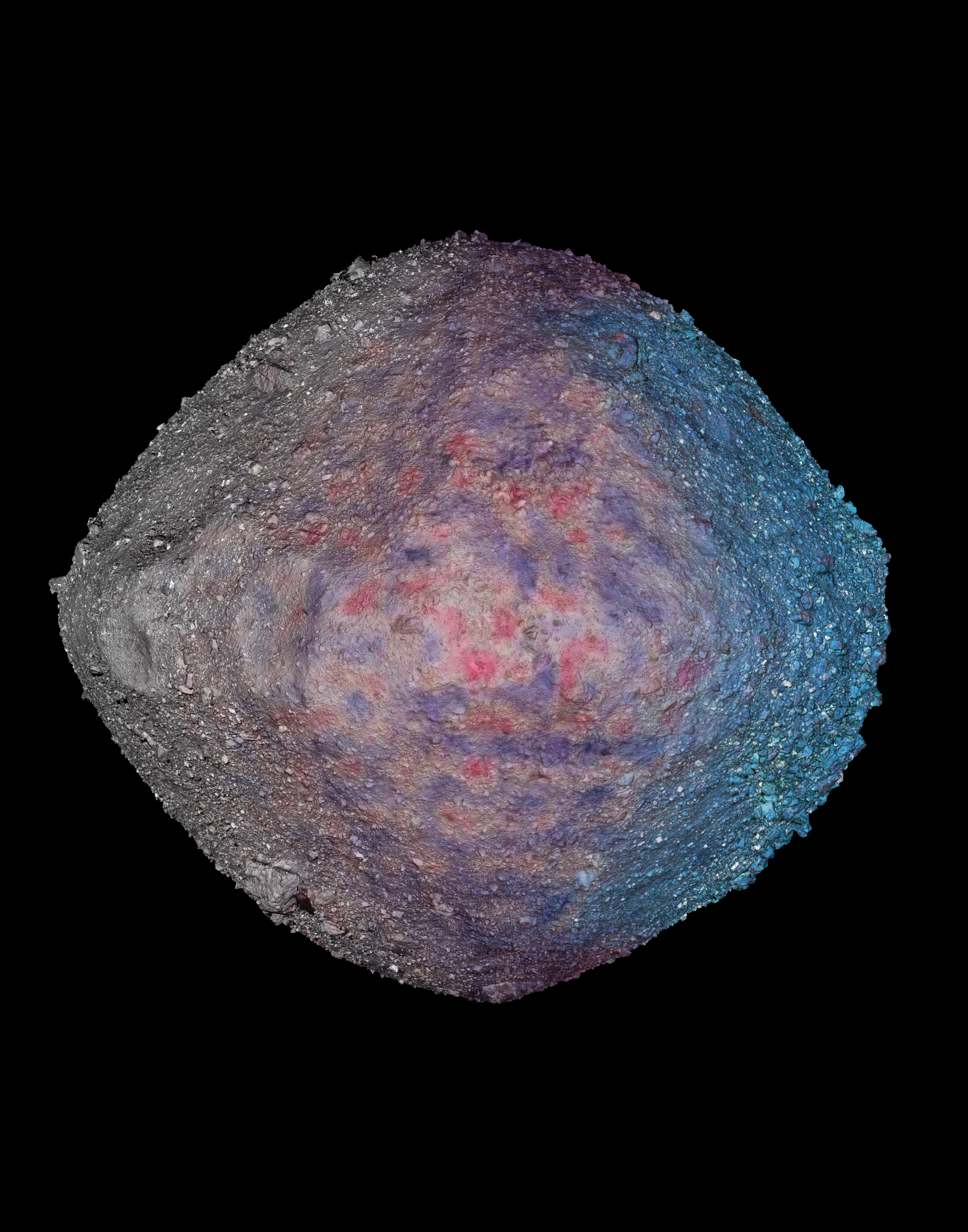 3d model of asteroid Bennu with three data layers. Left to right - Albedo map with global image mosaic, carbon data, and false-color imagery. 