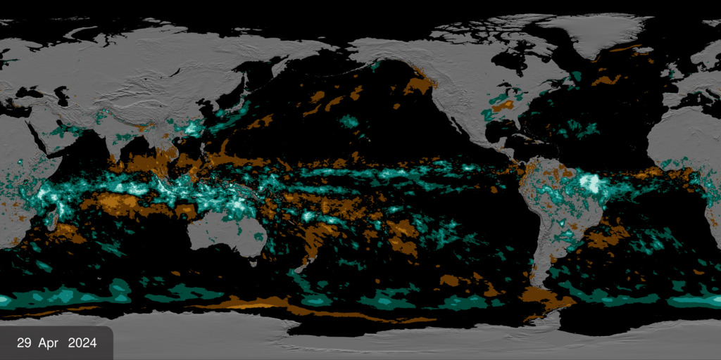 An animation of the most recent variation in global precipitation data from IMERG.
