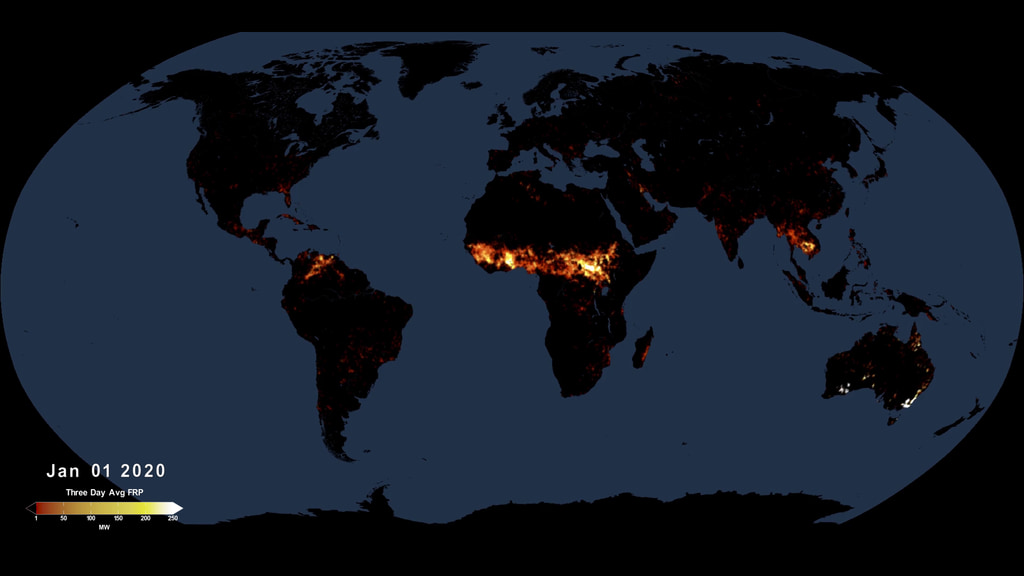 This animated visualization uses a moving three-day average of measured fire radiative power (FRP), summing the 375 m resolution data into one-quarter degree bins, to present a view of fire intensities around the globe.