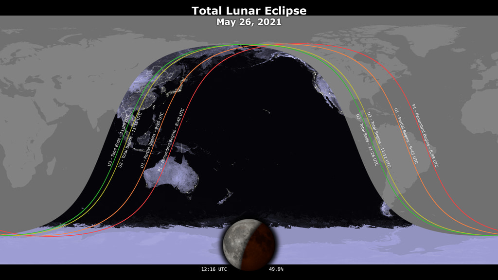 An animated map showing where the May 26, 2021 lunar eclipse is visible.