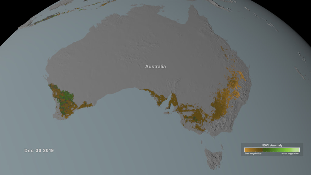 A high-resolution image showing crop productivity over Australia on December 30, 2019.