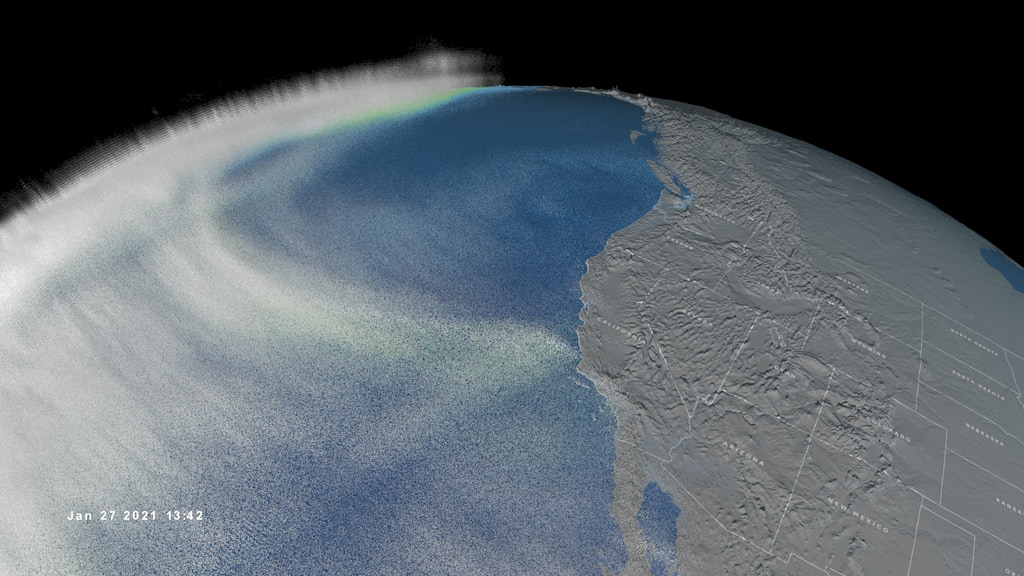 This visualization shows the NOAA-20 satellite orbiting the Earth with a trail of 3D water vapor behind it collected between January 25 and 28, 2021.  The calculated total precipitable water (TPW) is shown in a blue to red color scale beneath the white water vapor.Coming soon to our YouTube channel.
