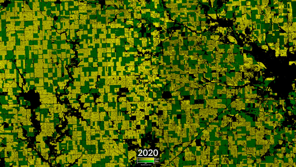 Modeled Iowa corn (yellow) and soybean (green) yields from 2001-2020.