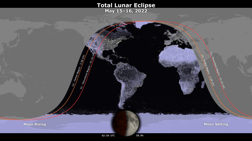 An animated map showing where the May 15-16, 2022 lunar eclipse is visible. Contours mark the edge of the visibility region at eclipse contact times. The map is centered on 63&deg;52'W, the sublunar longitude at mid-eclipse.
