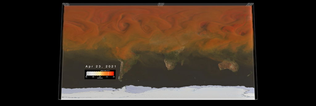 Data visualization in wide aspect ratio and 9600x3240 resolution,  featuring volumetric carbon dioxide on a global scale for the period June 1, 2020 - July 31, 2021. This set of frames can be shown on 5x3 hyperwalls and wide aspect ratio displays. Lower resolution movies are provided for preview.