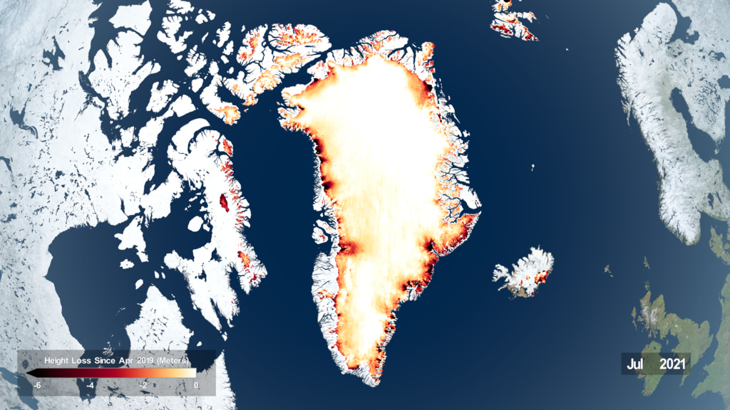 In Greenland, ICESat-2 data shows the loss of ice around the margins of the ice sheet between April 2019 and July 2021. Note that the color scale in Greenland spans from a loss of 6 meters (20 feet) to 0 meters, showing that very little of the ice sheet is gaining mass.