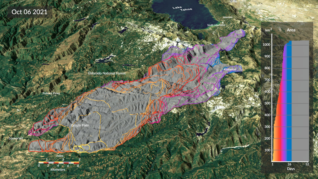 This visualization shows the spread of the Caldor fire between August 15 and October 6, 2021, updated every 12 hours based on new satellite active fire detections. The yellow outlines track the position of the active fire lines for the last 60 hours, with the latest location of the fire front in the brightest shade of yellow. The red points show the location of active fire detections, while the grey region shows the estimated total area burned. The graph shows the cumulative burned area in square kilometers.Coming soon to our YouTube channel.