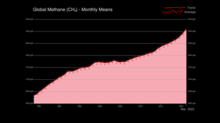 

Data Sources:
Trends in Athmospheric Methane by NOAA. The visualizations featured on this page utilize the complete record from the Globally averaged marine surface monthly mean data for the period July 1983-March 2022 (accessed: August 4, 2022). Within the data record the globally averaged monthly mean values are centered on the middle of each month and are represented in the visualization as the jagged/wavy Average line. The continuous line shows the long-term Trend, where the average seasonal cycle has been removed. 
Citation: Ed Dlugokencky, NOAA/GML (https://gml.noaa.gov/ccgg/trends_ch4/)
Citation: Dlugokencky, E. J., L. P. Steele, P. M. Lang, and K. A. Masarie (1994), The growth rate and distribution of atmospheric methane, J. Geophys. Res., 99, 17,021– 17,043, doi:10.1029/94JD01245.

