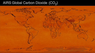This data visualization shows the global distribution and variation of the concentration of mid-tropospheric carbon dioxide observed by the Atmospheric Infrared Sounder (AIRS) on the NASA Aqua spacecraft over a 20 year timespan. One obvious feature that we see in the data is a continual increase in carbon dioxide with time, as seen in the shift in the color of the map from light yellow towards red as time progresses. Another feature is the seasonal variation of carbon dioxide in the northern hemisphere, which is governed by the growth cycle of plants. This can be seen as a pulsing in the colors, with a shift towards lighter colors starting in April/May each year and a shift towards red as the end of each growing season passes into winter. The seasonal cycle is more pronounced in the northern hemisphere than the southern hemisphere, since the majority of the land mass is in the north. 

The visualization includes a data-driven spatial map of global carbon dioxide and a timeline on the bottom. The timeline showcases the monthly timestep and is paired with the adjusted carbon dioxide value. Areas where the air pressure is less than 750mB (areas of high-altitude) have been marked in the visualization as low data quality (striped) areas. This entry offers two versions of low data quality (stiped) areas. One version includes striped regions as they are calculated on data values and the second version features striped regions below 60 South.


Data Sources:

Carbon Dioxide (CO2) from the Sounder SIPS: AQUA AIRS IR-only Level 3 CLIMCAPS: Comprehensive Quality Control Gridded Monthly V2 (SNDRAQIL3CMCCP), which is a monthly product of global coverage and of spatial resolution 1x1 degrees.

The visualizations included on this page, utilize the variable co2_vmr_uppertop from the CLIMCAPS product. Areas where the air pressure is less than 750mB (areas of high-altitude) and below 60 degrees South have been marked in the visualization as low data quality (striped areas). In addition, areas with data gaps and of high altitude less than 5% of the resolution of the product have been filled using the nearest neighbor algorithm.

Citation: Chris Barnet (2019), Sounder SIPS: AQUA AIRS IR-only Level 3 CLIMCAPS: Comprehensive Quality Control Gridded Monthly V2, Greenbelt, MD, USA, Goddard Earth Sciences Data and Information Services Center (GES DISC), Accessed: [September 9, 2022], doi: 10.5067/ZPZ430KOPMIX
Trends in Atmospheric Carbon Dioxide by NOAA. The visualizations on this page feature de-seasonalized mean value measurements from the Mauna Loa CO2 monthly mean data for the period September 2002-May 2022, Accessed: [September 9 2022]. 

Citation: Dr. Pieter Tans, NOAA/GML (gml.noaa.gov/ccgg/trends/) and Dr. Ralph Keeling, Scripps Institution of Oceanography (scrippsco2.ucsd.edu).

Citation: Keeling, Ralph F; Keeling, Charles D. (2017). Atmospheric Monthly In Situ CO2 Data - Mauna Loa Observatory, Hawaii (Archive 2021-09-07). In Scripps CO2 Program Data. UC San Diego Library Digital Collections. https://doi.org/10.6075/J08W3BHW
Continental and country outlines from the Scientific Visualization Studio, NASA/GSFC. 
 The rest of this webpage offers custom versions for web, HD and 4K display systems.
climate.nasa.gov
This section contains assets designed for climate.nasa.gov

HD content
Additional visualization content in HD resolution.

4K content

 Colormap
The following section contains colormap information.
