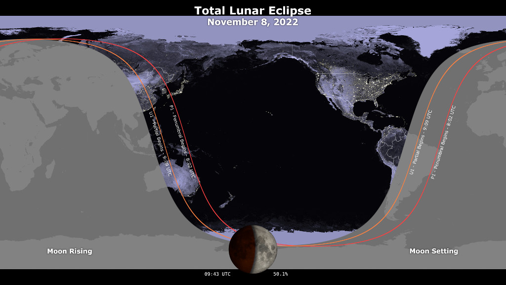 An animated map showing where the November 8, 2022 lunar eclipse is visible. Contours mark the edge of the visibility region at eclipse contact times. The map is centered on 168°57'W, the sublunar longitude at mid-eclipse.