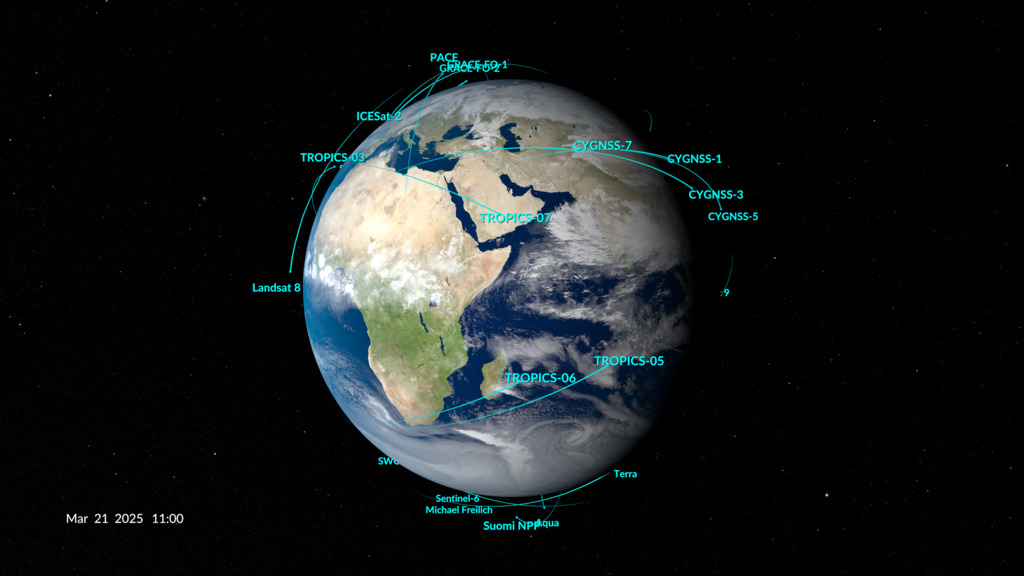 A current view of NASA's Earth observing fleet. This image is updated every 10 minutes. Time shown in UTC. 