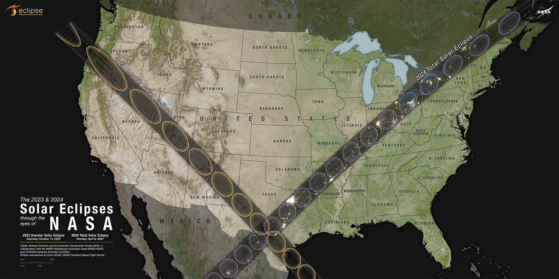 An image centered on the United States, with crossing eclipse paths labeled. One, with yellow circles, shows the path of the annular eclipse in 2023, crossing from Oregon to Texas. The other, with blue circles, shows the path of the total solar eclipse in 2024, crossing from Texas to Maine..