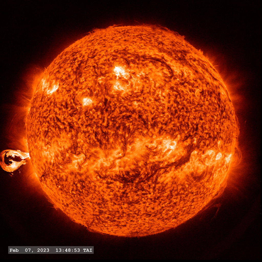 A large eruption of solar material, visible here in the SDO/AIA 304 angstrom filter, is launched from an active region on the left limb of the Sun, associated with an M1-class solar flare.  The point-spread function correction (PSF) has been applied to all this imagery.