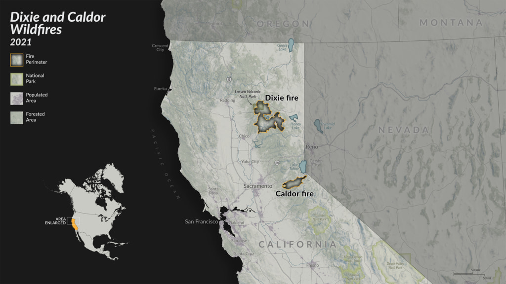 Perimeters of Dixie and Caldor wildfires located in California. The extent of the Dixie wildfire is as of October 22, 2021, while the extent of the Caldor wildfire is as of October 6, 2021. The dropdown menu offers multiple resolutions for a 16:9 aspect ratio.