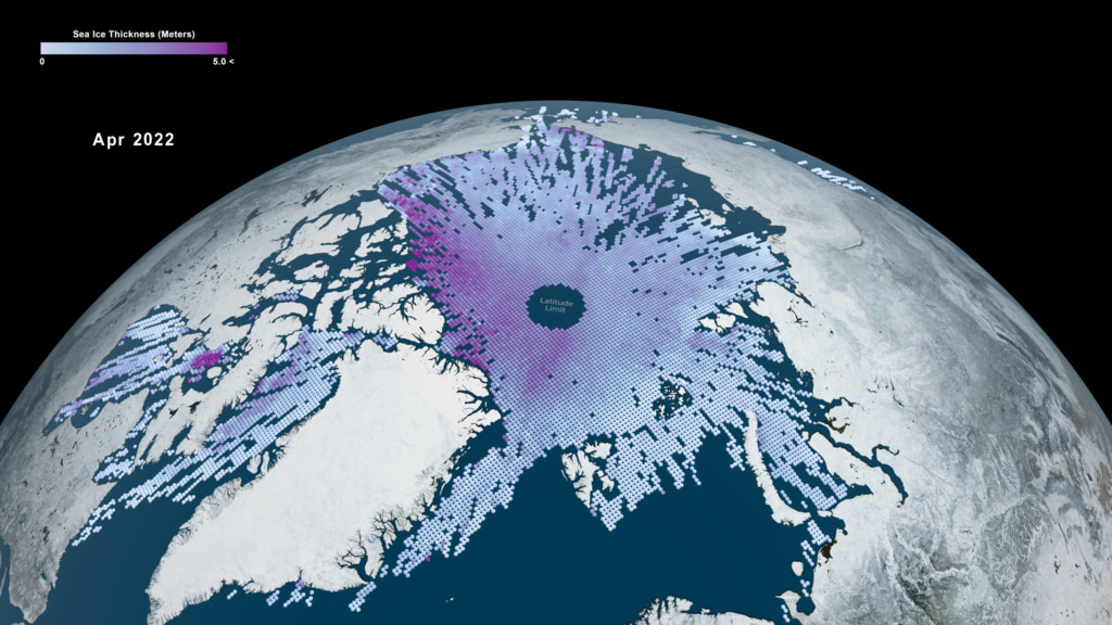 A view of the Arctic Ocean with ICESat-2 monthly average sea ice thickness data from November 2018 to April 2022. Low values are depicted in light blue, and higher values (5 meters) are depicted in magenta.