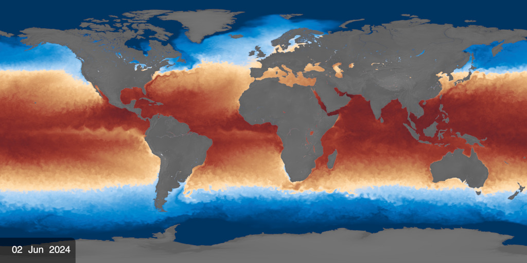An equirectangular view of sea surface temperature (SST) data for the past two and half years, updated daily to include the latest available data.  