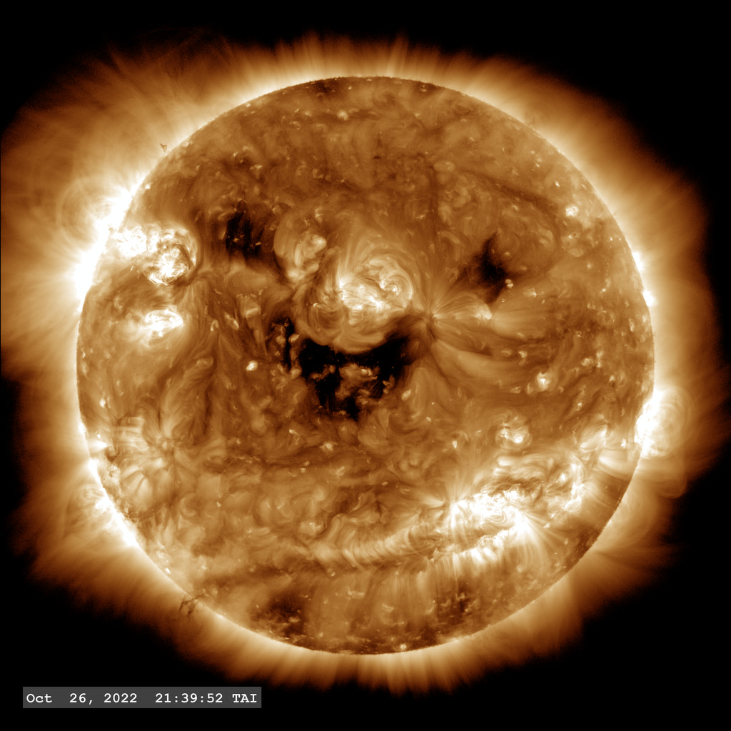 Several solar coronal holes are visible in an entertaining configuration in this SDO imagery taken from the AIA camera with the 193 Angstrom filter.