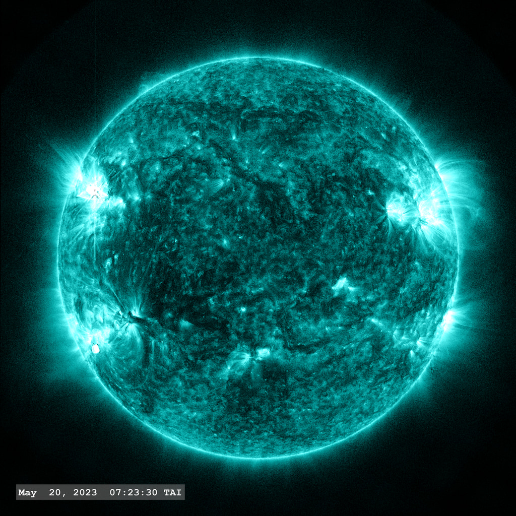 Multiple M-flares erupt during May 20, 2023 in this view through the SDO/AIA 131 angstrom filter.