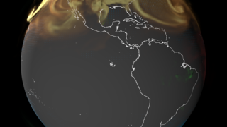 This visualization shows the CO2 being added to Earth's atmosphere over the course of the year 2021, split into four major contributors: fossil fuels in orange, burning biomass in red, land ecosystems in green, and the ocean in blue. The dots on the surface also show how atmospheric carbon dioxide is also being absorbed by land ecosystems in green and the ocean in blue. Though the land and oceans are each carbon sinks in a global sense, individual locations can be sources at different times. For example, in this view highlighting North America and South America, during the growing season plants absorb CO2 through photosynthesis, but release much of this carbon through respiration during winter months. Some interesting features include fossil fuel emissions from the northeastern urban corridor that extends from Washington D.C. to Boston in the United States. The fast oscillation over the Amazon rainforest shows the impact of plants absorbing carbon while the sun is shining and then releasing it during nighttime hours.