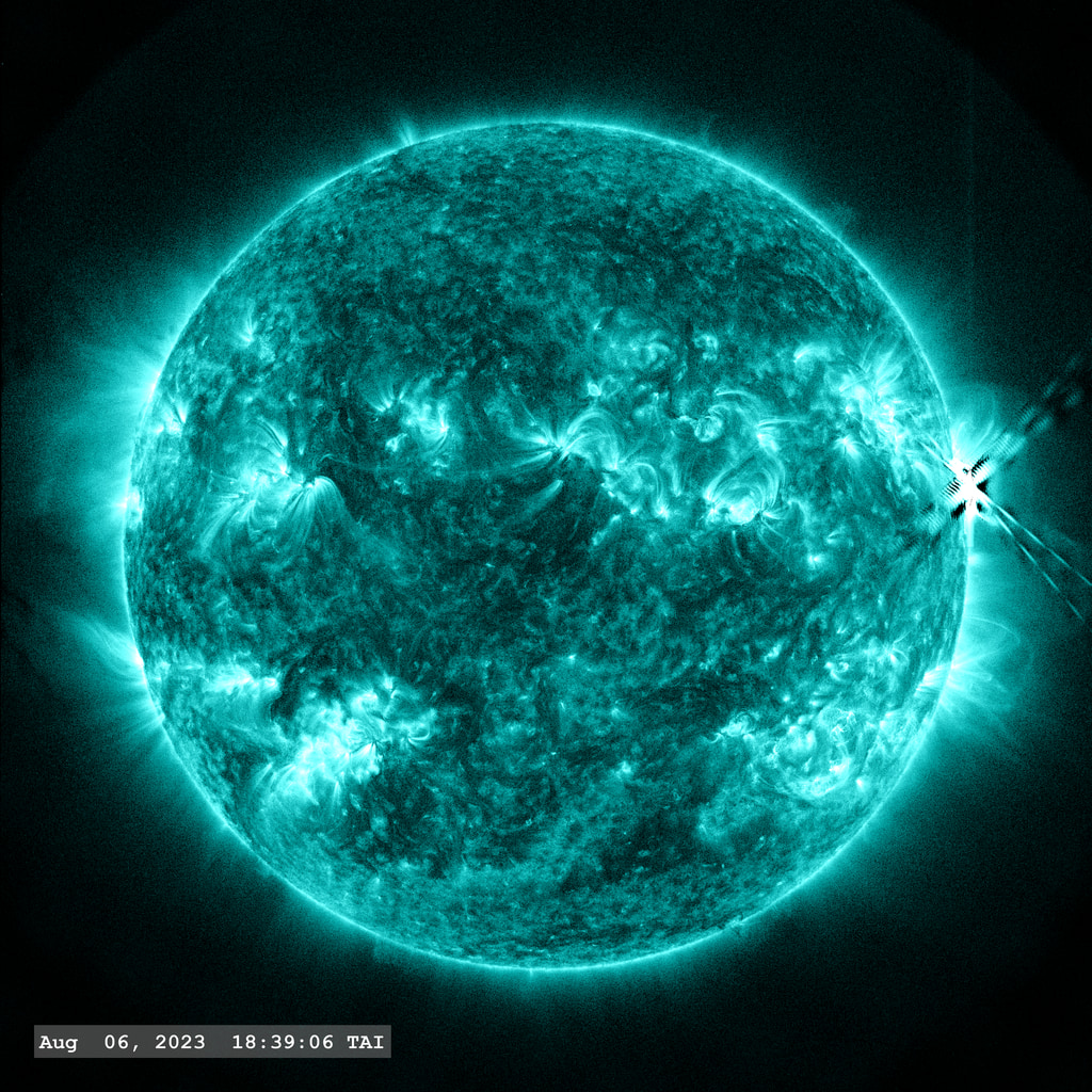 Active Region AR13386 launches an M 5.5 flare as it approaches the right limb of the Sun in this view from the SDO/AIA 131A filter. This region launched a flare the previous day and will launch another one the next day, before rotating over the limb as seen from Earth. The point-spread function correction (PSF) has been applied to all this imagery.