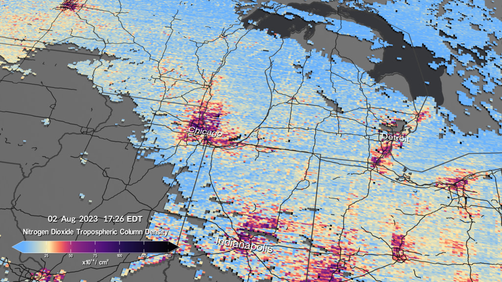 A clip from the full visualization at the top of this page.  This visualization shows nitrogen dioxide over the Chicago region. 