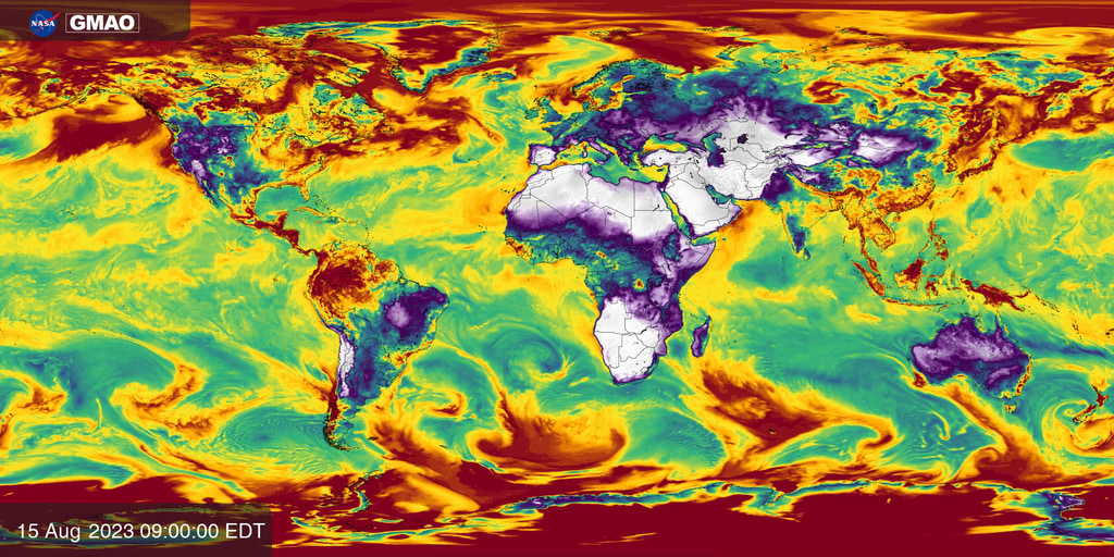 Relative humidity is calculated using temperature and moisture fields from NASA’s GEOS-FP system. GEOS-FP combines millions of weather observations with a predictive model to create a global best estimate of weather conditions that are used to begin a forecast.