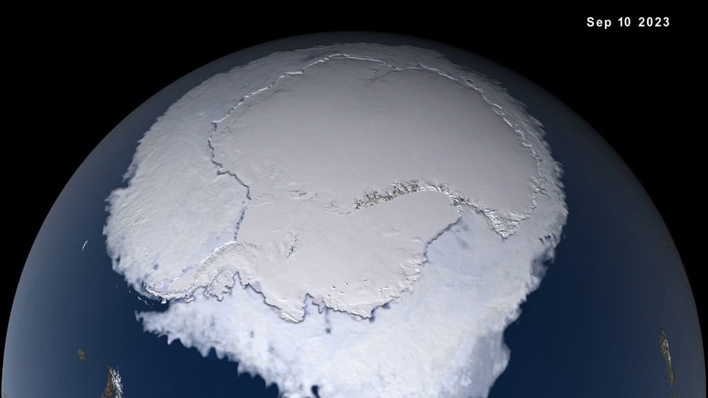 Animation Antarctic sea ice minimum extent, February 21 2023, to its maximum, September 10 2023