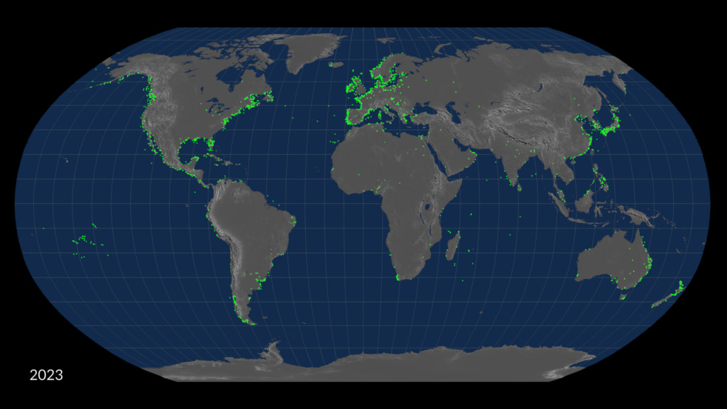 1973 - 2023 harmful algal bloom throughout the world, depicted on a Robinson projection map.