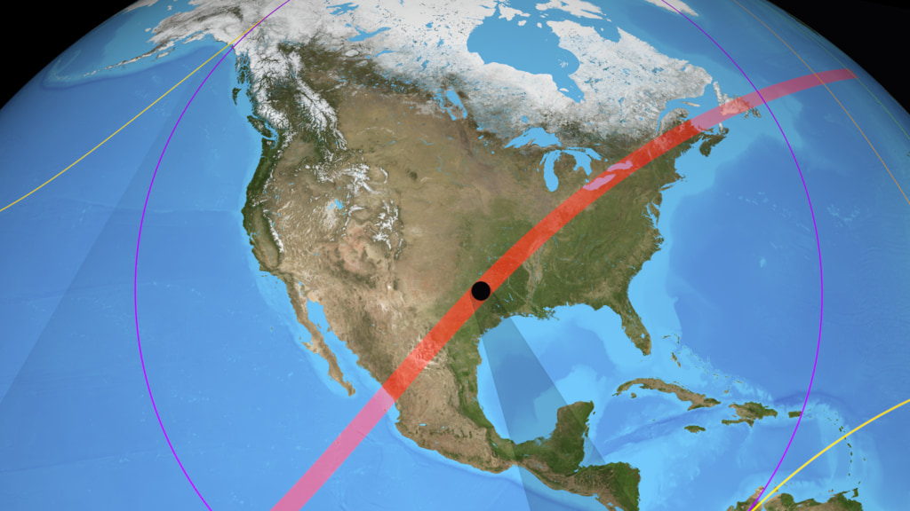The virtual camera flies from the night side of the Earth and Moon to the day side, revealing the path of the Moon's shadow during the April 8, 2024, total solar eclipse.