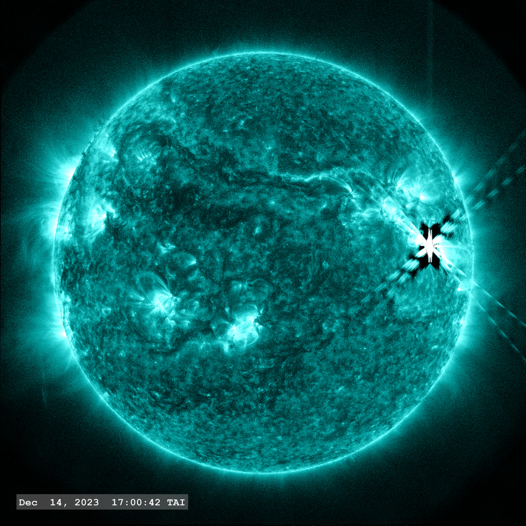 The X 2.8 flare erupts from Active Region 13514 near the right limb of the image in this view from SDO/AIA 131 angstrom filter. The point-spread function correction (PSF) has been applied to all this imagery.
