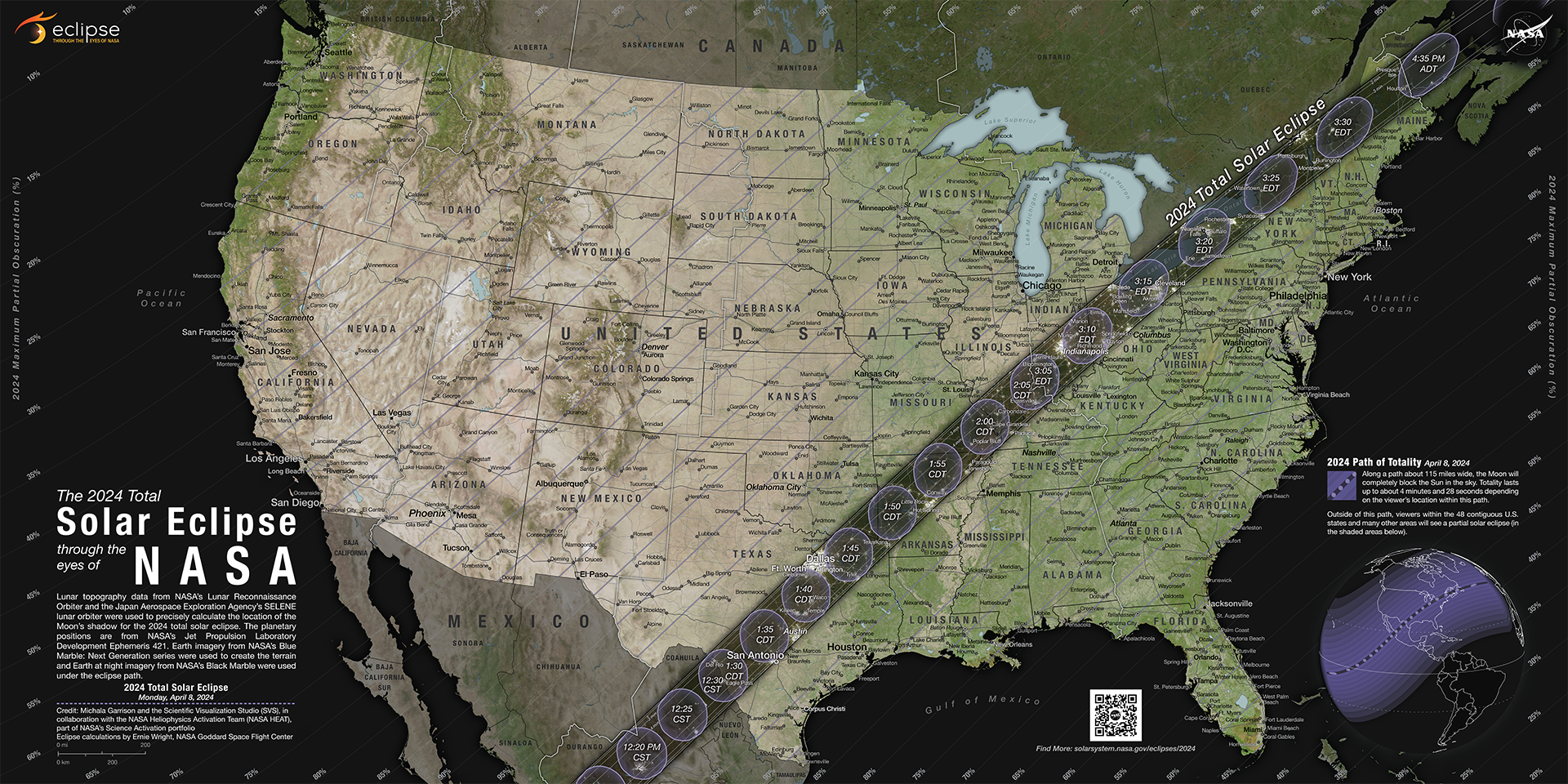 2024 年 4 月 8 日横穿美国的 2024 年日全食的全食和偏食轮廓路径。