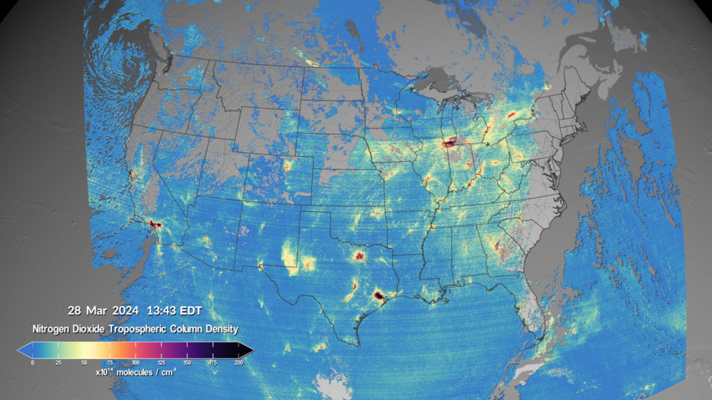The TEMPO instrument measured elevated levels of nitrogen dioxide (NO2) from a number of different areas and emission sources throughout the daytime on March 28, 2024. Yellow, red, purple, and black clusters represent increased levels of pollutants from TEMPO’s data and show drift over time.