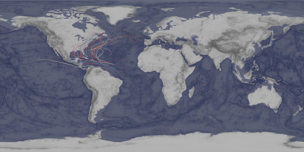 Atlantic hurricanetracks that pass through the Caribbean Sea.  A ten year window of tracks are shown with tracks closer to the latest year in the window more opaque.  The window goes from 1890-1900 until 2013-2023.These equireceangular projections can be wrapped to a sphere.
