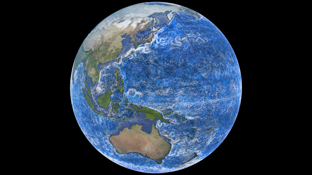 This is the 'beauty shot version' of Perpetual Ocean 2: Western Boundary Currents.  The visualization starts with a rotating globe showing ocean currents.  The camera then zooms into the Kuroshio current, moves over the Indian Ocean to the Agulhas Current, then over to the Gulf Stream.The colors used to color the flow in this version where chosen to provide a pleasing look.  The flows from the surface down to 600 meters deep are all white.   Flows below 600 meters depth use the blue-cyan-white color table below.