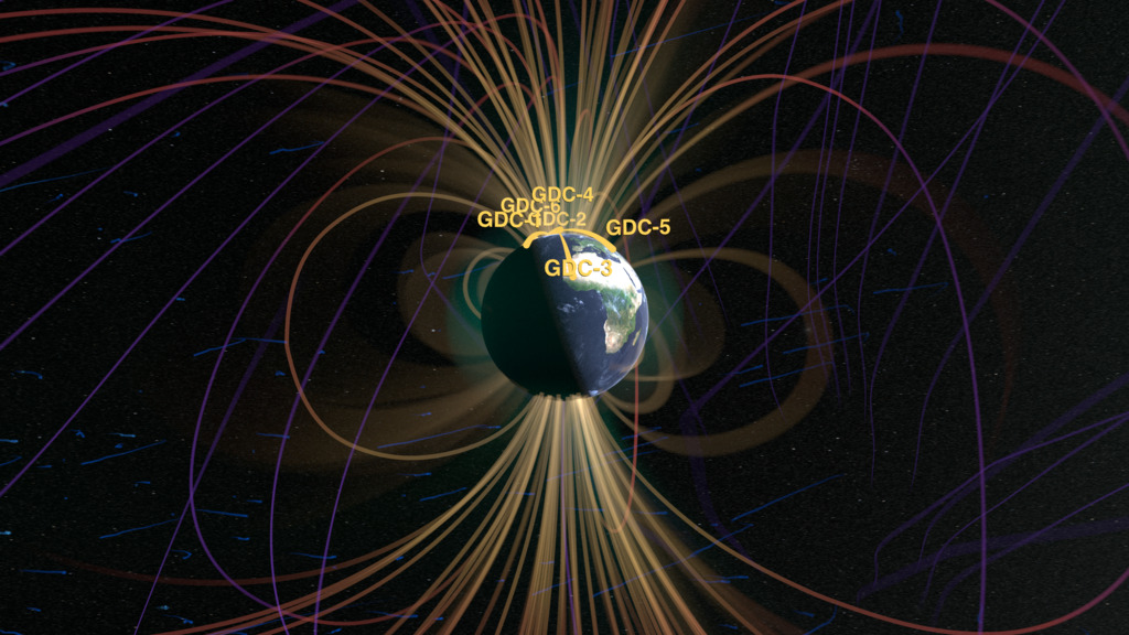 This visualization shows the Earth's magnetosphere being hit by a geomagnetic storm. The MAGE model simulates real events that happened throughout May 10-11, 2024.White orbit trails: All satellites orbiting Earth during the stormOrange orbits: Proposed orbits for six GDC spacecraftOrange-to-purple lines: Magnetic field lines around EarthBlue trails: Solar wind velocity tracersGreen clouds: Electric field current intensityCredit:NASA Scientific Visualization Studio and NASA DRIVE Science Center for Geospace Storms