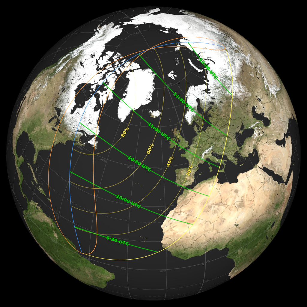 A global map of the shadow path for the March 29, 2025 partial solar eclipse.