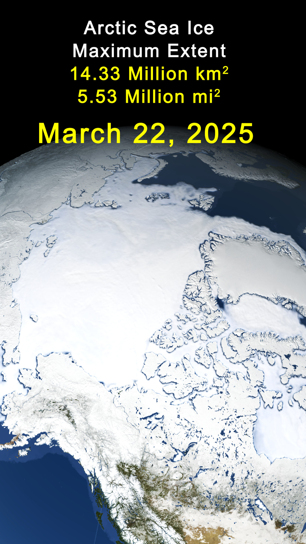 Arctic sea ice maximum extent 2025, animation from 2024 minimum, vertical format