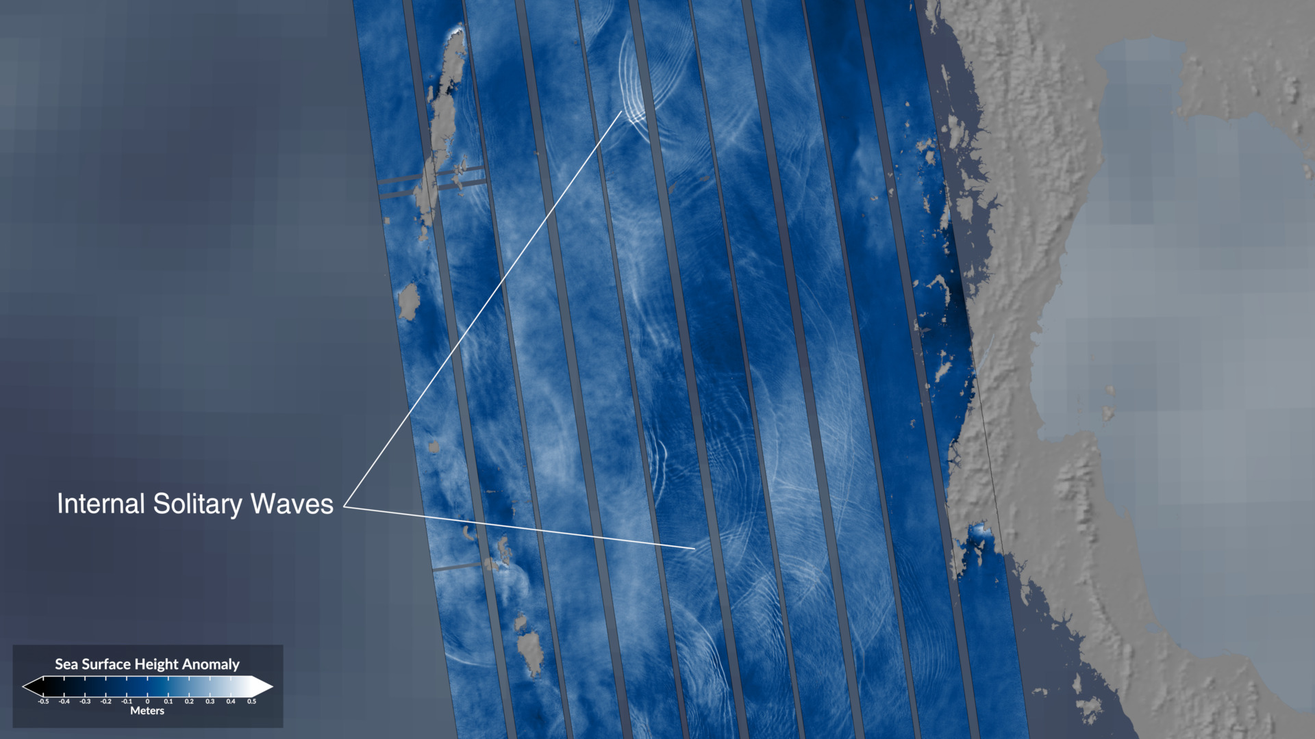This visualization reveals ocean surface phenomena captured by NASA's SWOT (Surface Water and Ocean Topography) satellite. Beginning with a global perspective of conventional sea surface height anomaly (SSHA) data, the animation then showcases SWOT's orbital path and ground swath coverage (displayed in orange). As the view transitions to select regions of interest, SWOT's high-resolution SSHA measurements unveil detail impossible with previous satellite technology. The visualization clearly distinguishes ocean surface waves, internal solitary waves, and submesoscale eddies—critical features for understanding ocean dynamics and energy transfer. The color gradient ranges from dark blue (representing lower surface heights) to white (indicating higher surface heights), allowing viewers to immediately grasp the three-dimensional nature of these ocean phenomena.
