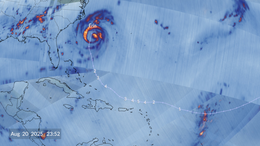 This animation tracks Hurricane Erin from August 10 through August 20, 2025.