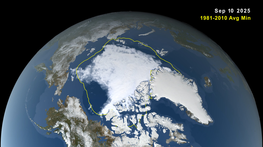 Animation of Arctic sea ice from its maximum extent, March 22 2025, to its minimum, September 10, 2025, 4K version