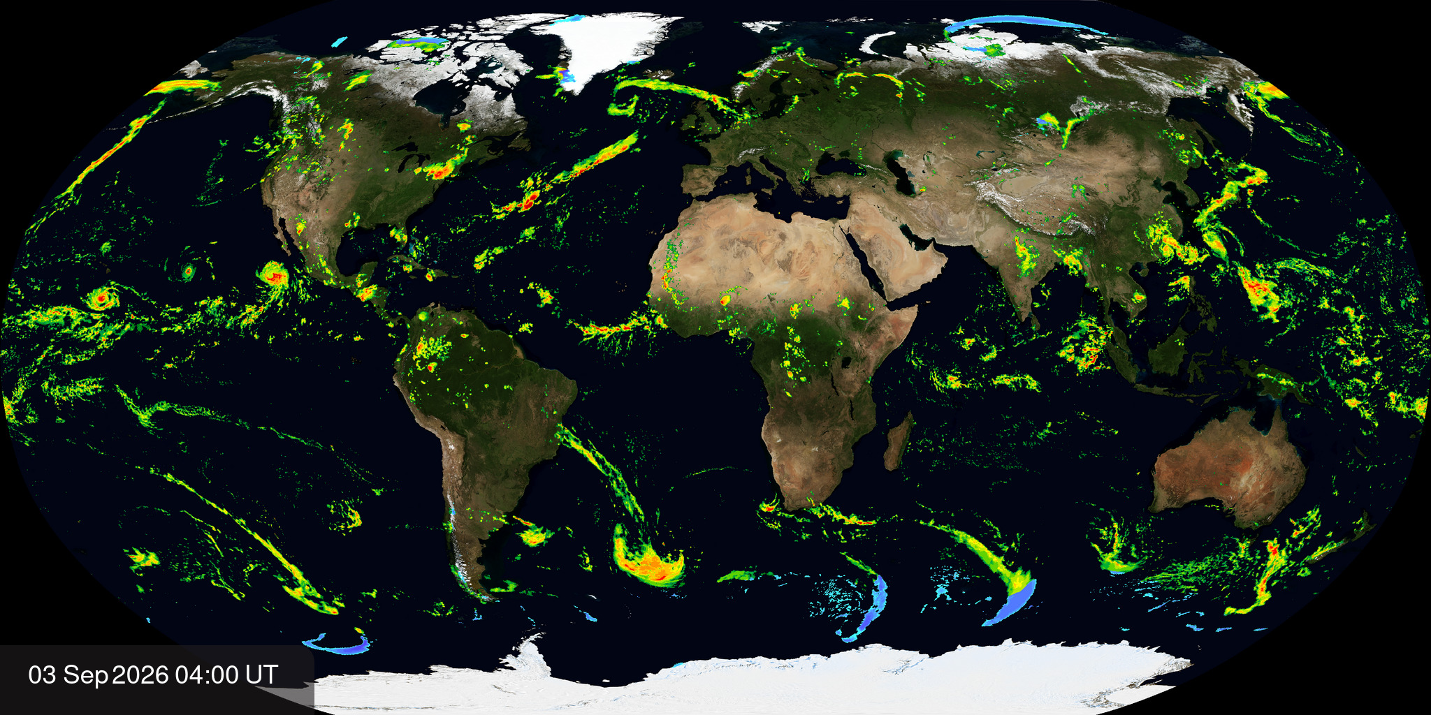 Robinson projection of the most current global precipitation data from IMERG with burned in time stamps.