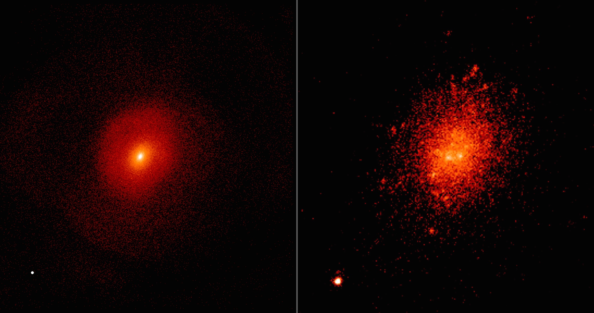 A simulation of two colliding galaxies (left) shows how their coalescing supermassive black holes can launch the resulting larger black hole (dot, lower left) on a wide orbit. Right: Compare the simulation with this Keck II near-infrared image of Markarian 177 and SDSS1133 (lower left).  Credit: Simulation, L. Blecha (UMD); image, W. M. Keck Observatory/M. Koss (ETH Zurich) et al.