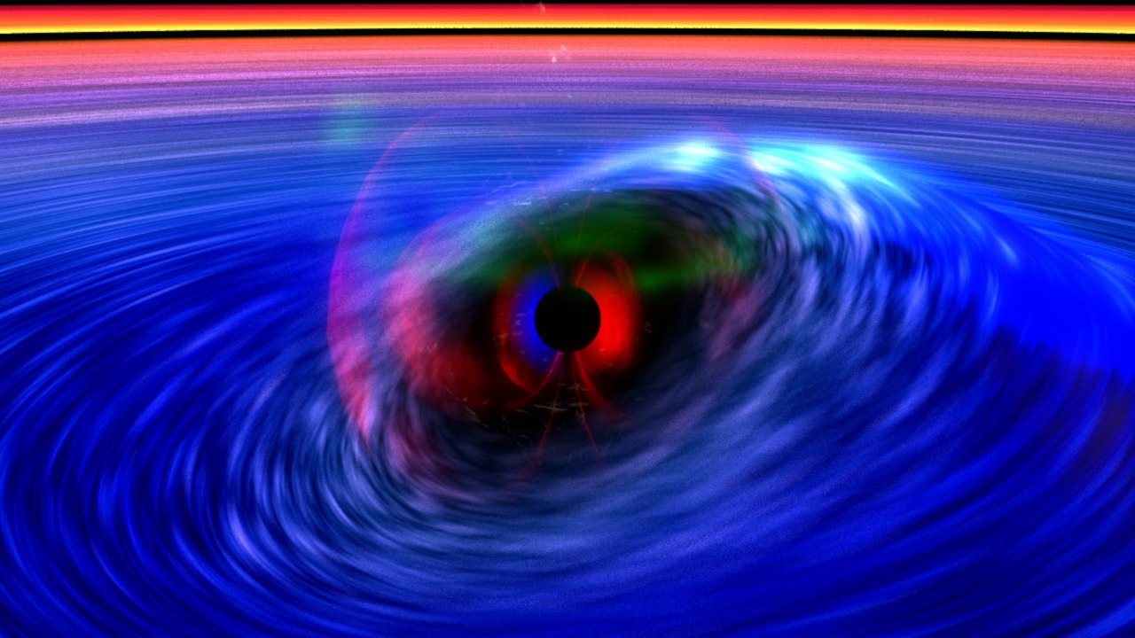 This animation zooms into a black hole and accretion disk showing how the spinning black hole drags spacetime around with it. 