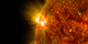 An active region on the sun erupted with a mid-level flare on Nov. 5, 2014, as seen in the bright light of this image captured by NASA's Solar Dynamics Observatory. This image shows extreme ultraviolet light that highlights the hot solar material in the sun's atmosphere. Shown here with the Earth to scale.  Credit: NASA/GSFC/SDO