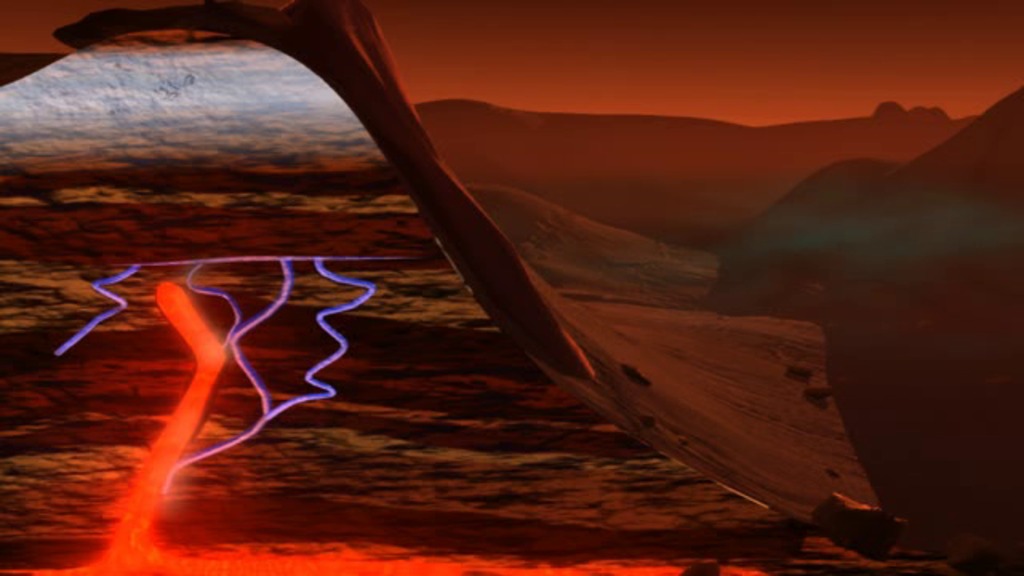 Conceptual animation depicting how geochemical processes during the course of Mars' history may have produced the methane plumes now seen in Mars' atmosphere. Here, through a process called serpentinization, methane is generated as part of a reaction involving the conversion of liquid water (seen seeping into the planet's crust), iron oxide, and carbon dioxide energized by the planet's internal heat into serpentine minerals.
