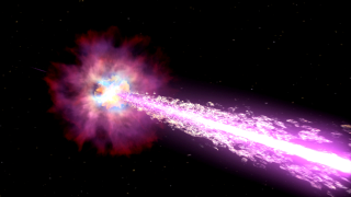 As the star explodes, the narrow beam (white) of gamma rays is emitted first, followed by the wider beam (purple).