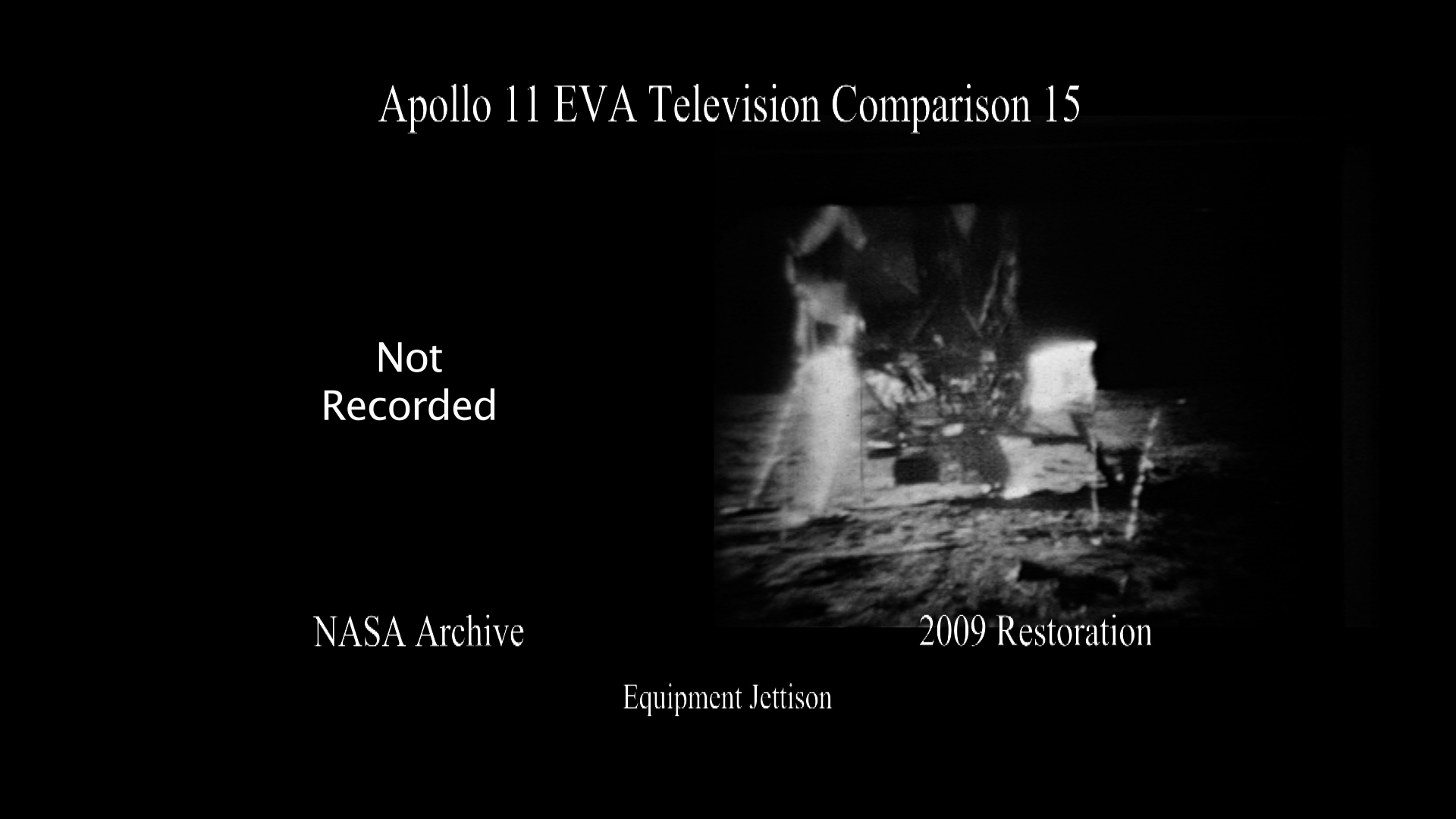 Never before seen video of astronauts jettisoning backpacks. The broadcasting companies of the day stopped recording, due to the fact that the astronauts were inside the LM getting ready for take off.  A NASA employee filmed this by aiming his 8mm camera at a monitor.  This version is framed to be compared with the footage previously in the NASA archive, however there was no footage in the archive for this segment.  For the full frame version, see below.