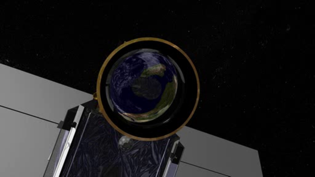 ICESat's collector viewed with Earth reflecting in its lens