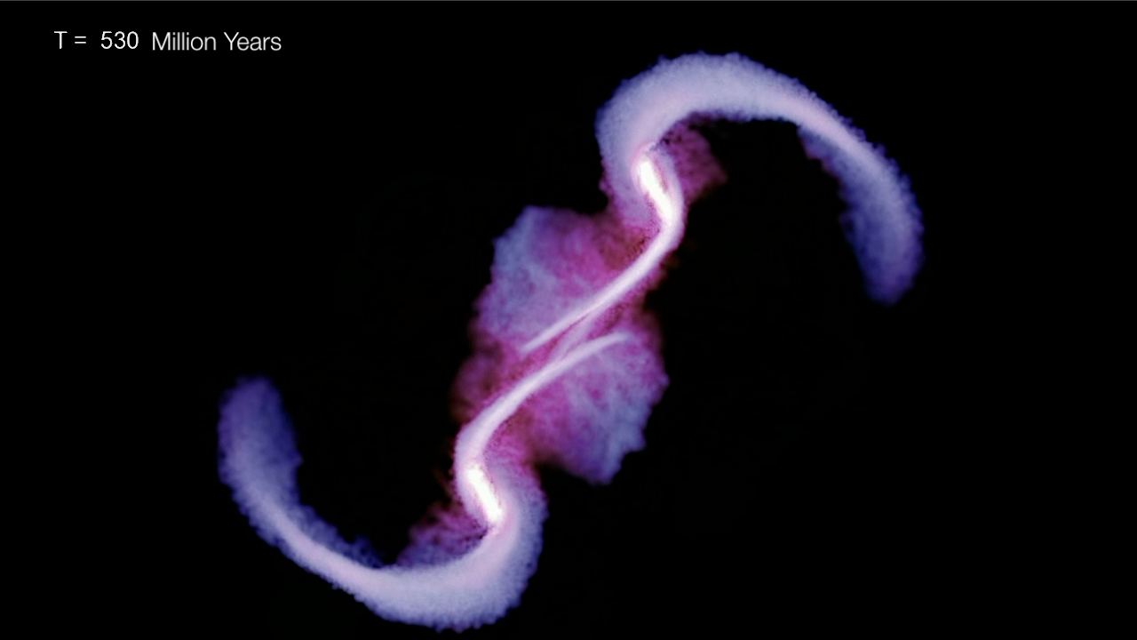 This simulation follows the collision of two spiral galaxies that harbor giant black holes. The collision merges the black holes and stirs up gas in both galaxies. The merged black hole gorges on the feast and lights up, forming an active galactic nucleus called a quasar and creating a "wind" that blows away much of the galaxy's gas. See the original animation at:  http://web.phys.cmu.edu/~tiziana/BHGrow/.Credit:Volker Springel and Tiziana Di Matteo (Max Planck Institute for Astrophysics), Lars Hernquist (Harvard Univ.)