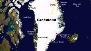 This map of Greenland shows points of interest for the Spring 2010 Greenland campaign for Operation IceBridge. Local airports, cities, glaciers and ice sheets are indicated.
